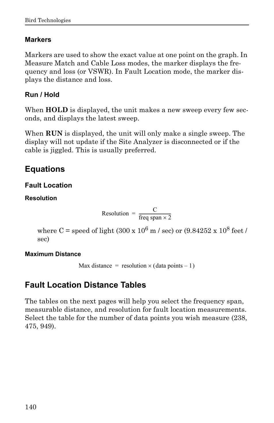 Markers, Run / hold, Equations | Fault location, Resolution, Maximum distance, Fault location distance tables, Markers run / hold, Resolution maximum distance | Bird Technologies SA-6000EX User Manual | Page 156 / 162