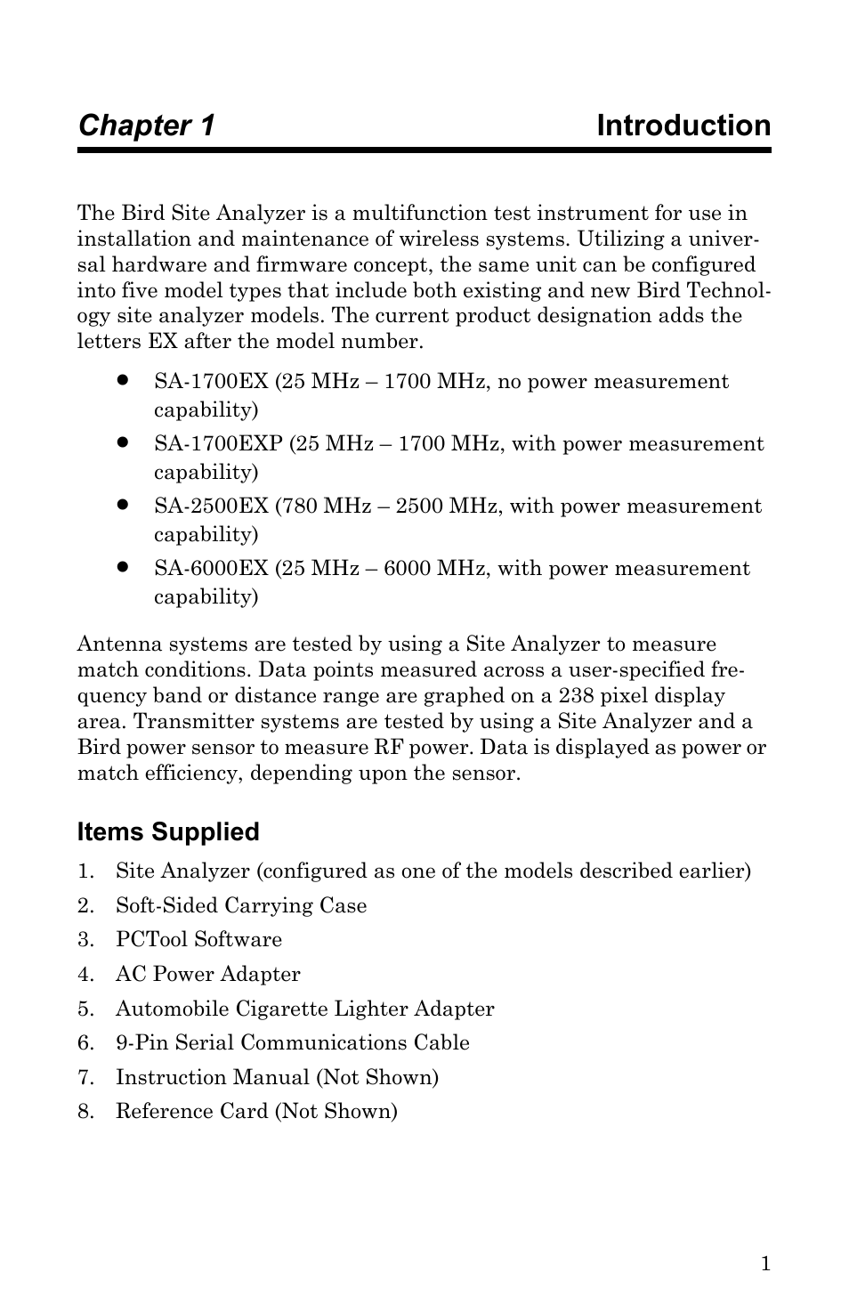 Chapter 1 introduction, Items supplied | Bird Technologies SA-6000EX User Manual | Page 17 / 162
