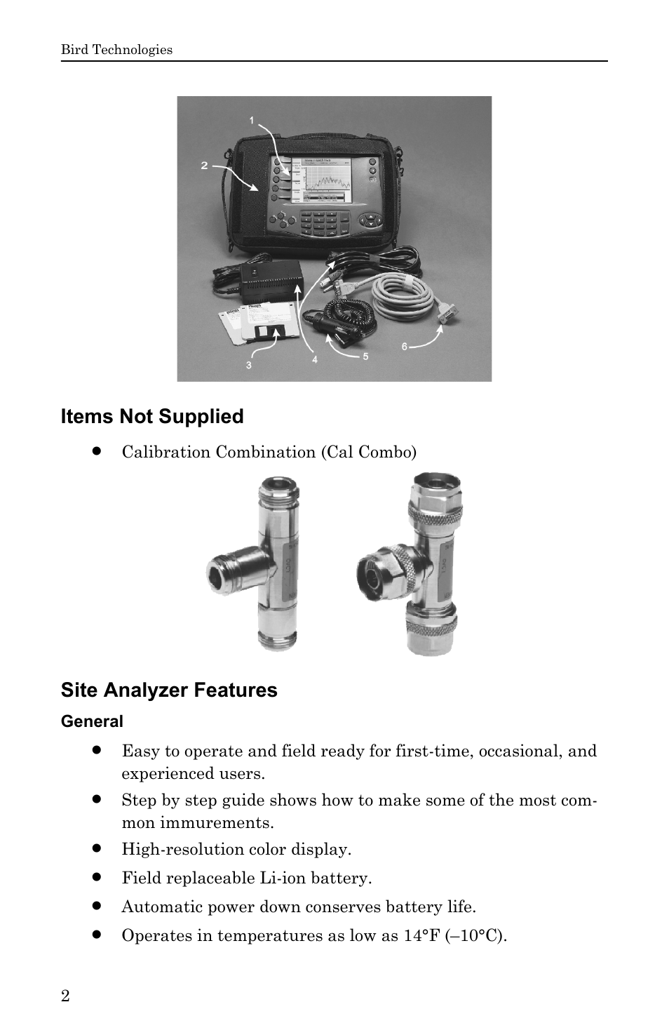 Items not supplied, Site analyzer features, General | Items not supplied site analyzer features | Bird Technologies SA-6000EX User Manual | Page 18 / 162