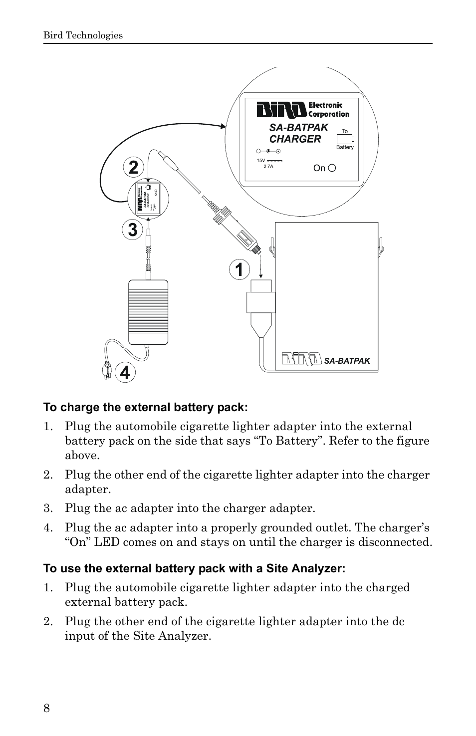 To charge the external battery pack | Bird Technologies SA-6000EX User Manual | Page 24 / 162