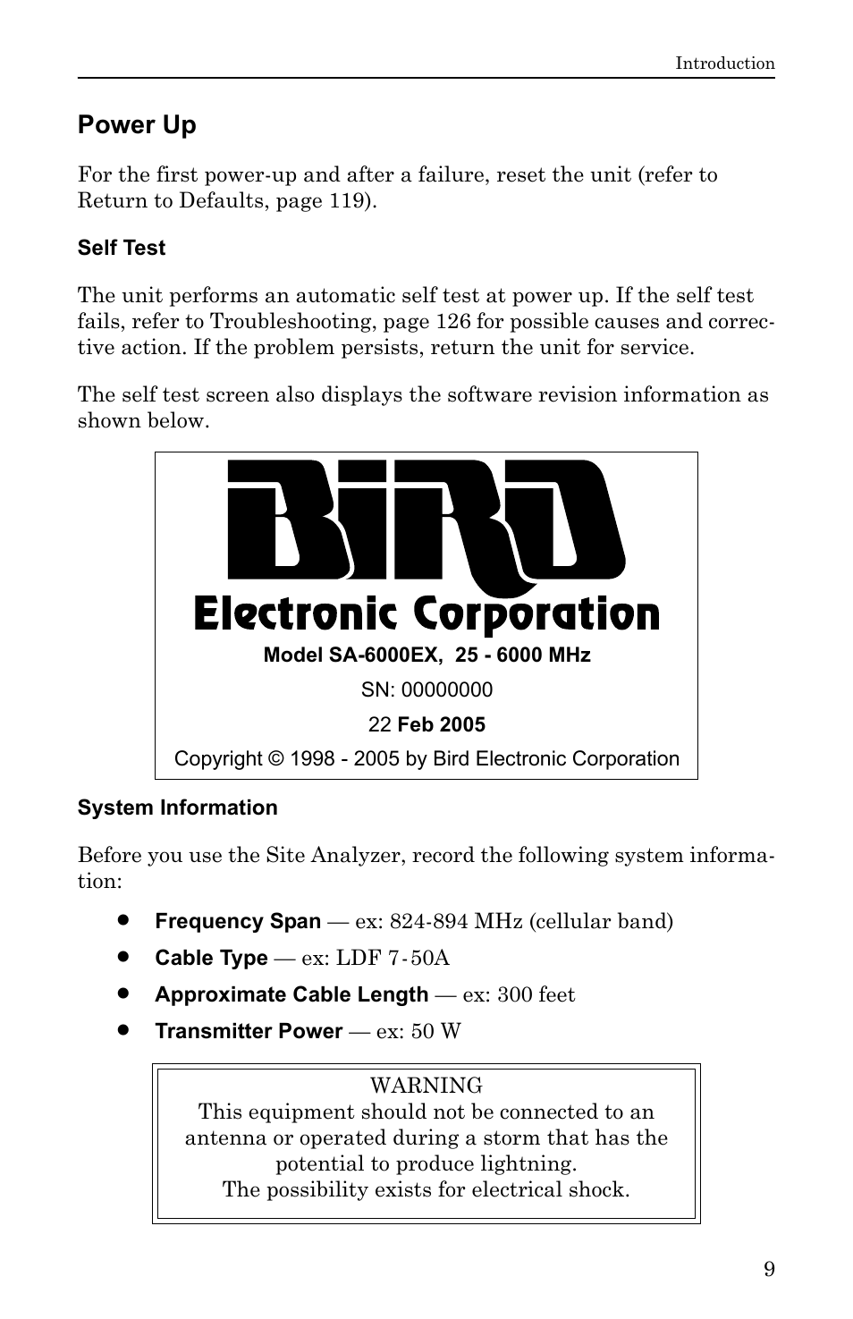 Power up, Self test, System information | Self test system information | Bird Technologies SA-6000EX User Manual | Page 25 / 162