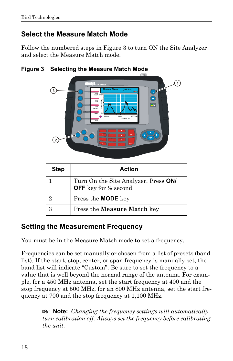 Select the measure match mode, Figure 3 selecting the measure match mode, Setting the measurement frequency | Bird Technologies SA-6000EX User Manual | Page 34 / 162