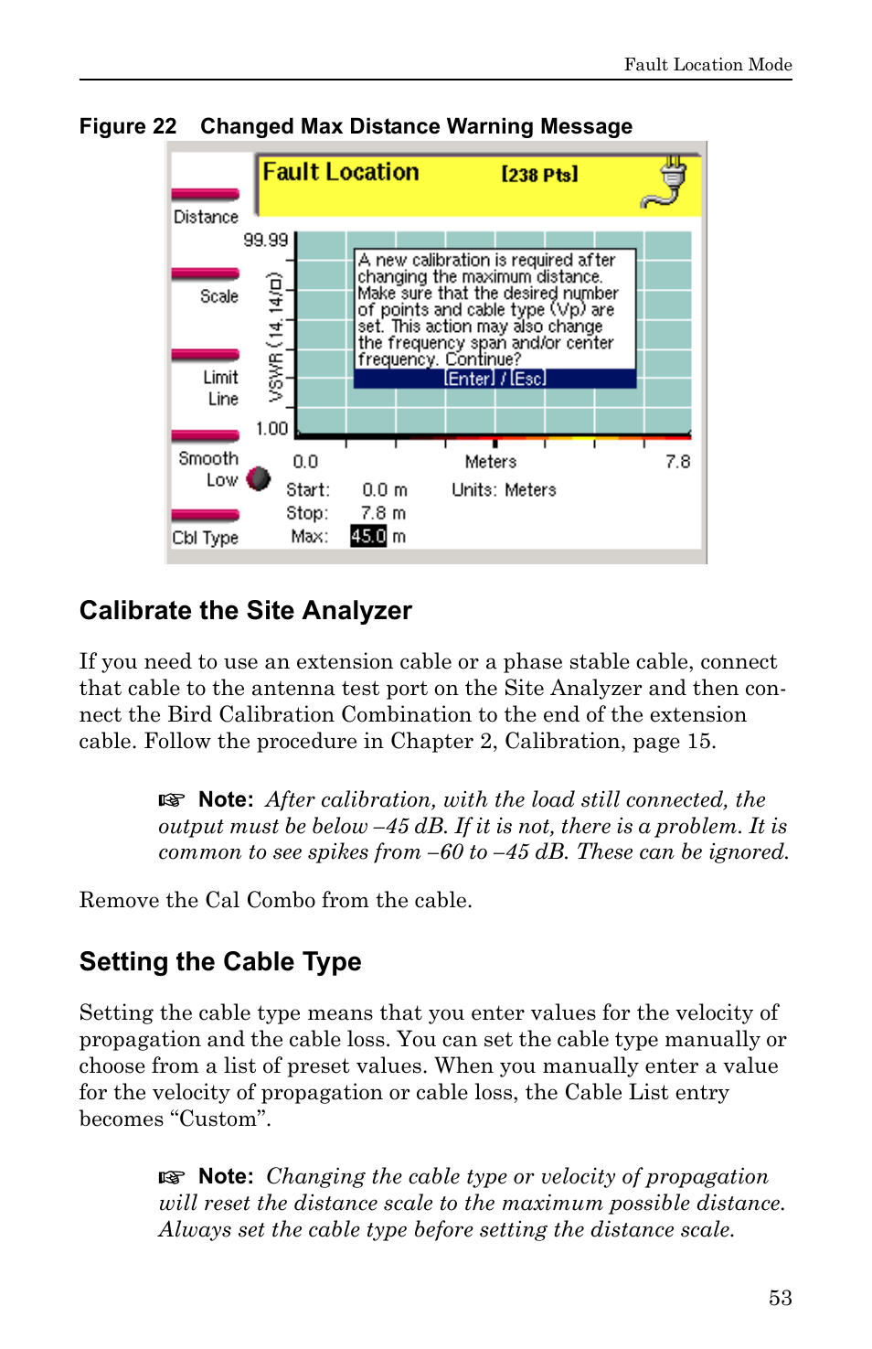 Figure 22 changed max distance warning message, Calibrate the site analyzer, Setting the cable type | Calibrate the site analyzer setting the cable type | Bird Technologies SA-6000EX User Manual | Page 69 / 162