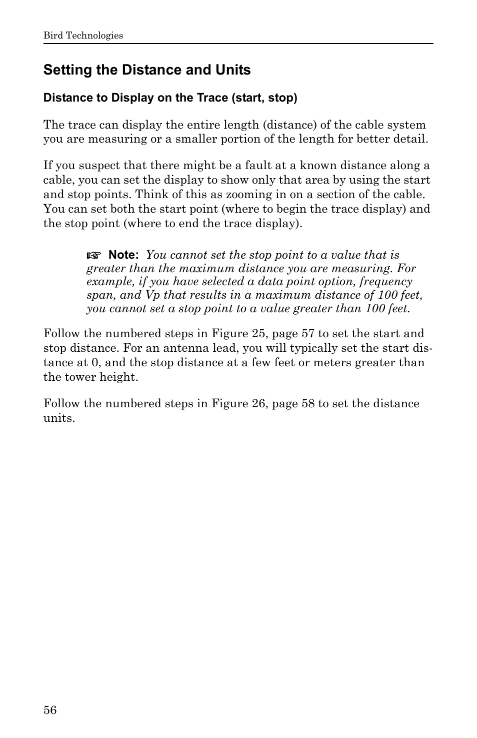 Setting the distance and units, Distance to display on the trace (start, stop) | Bird Technologies SA-6000EX User Manual | Page 72 / 162