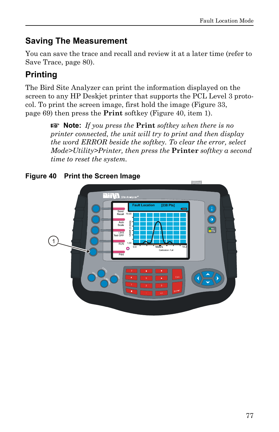 Saving the measurement, Printing, Figure 40 print the screen image | Saving the measurement printing | Bird Technologies SA-6000EX User Manual | Page 93 / 162
