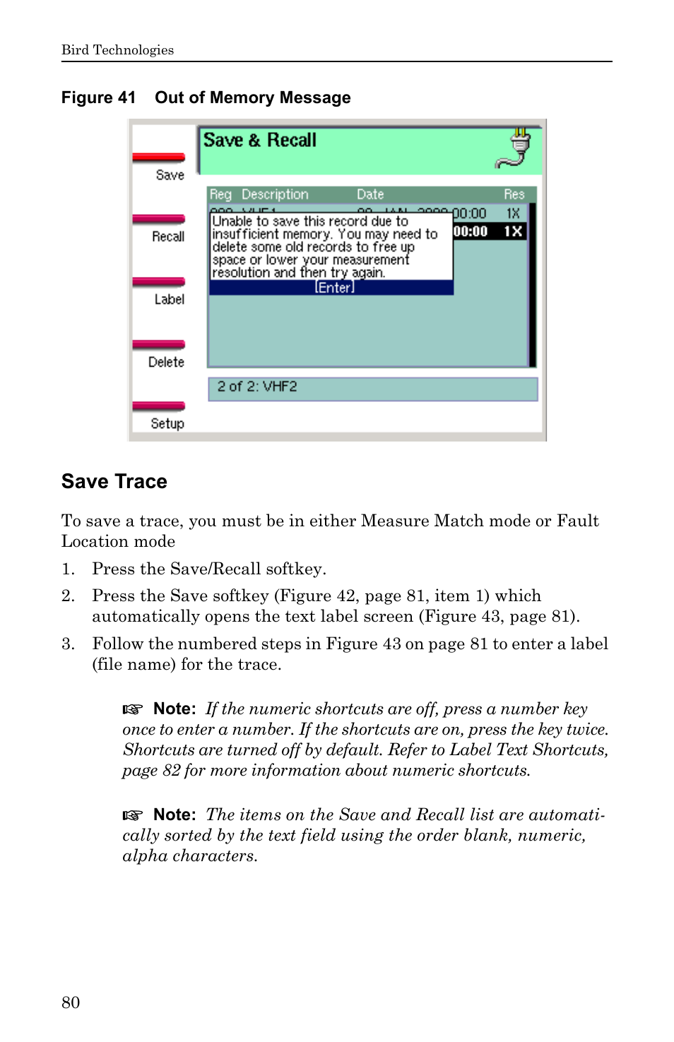 Figure 41 out of memory message, Save trace | Bird Technologies SA-6000EX User Manual | Page 96 / 162