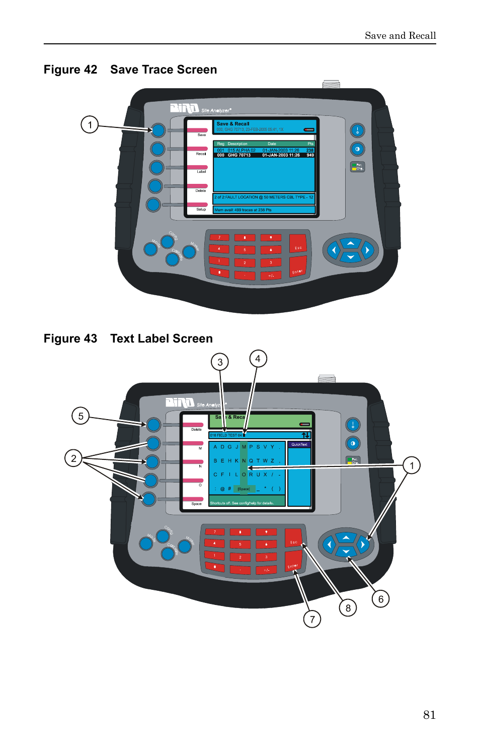 Figure 42 save trace screen, Figure 43 text label screen | Bird Technologies SA-6000EX User Manual | Page 97 / 162
