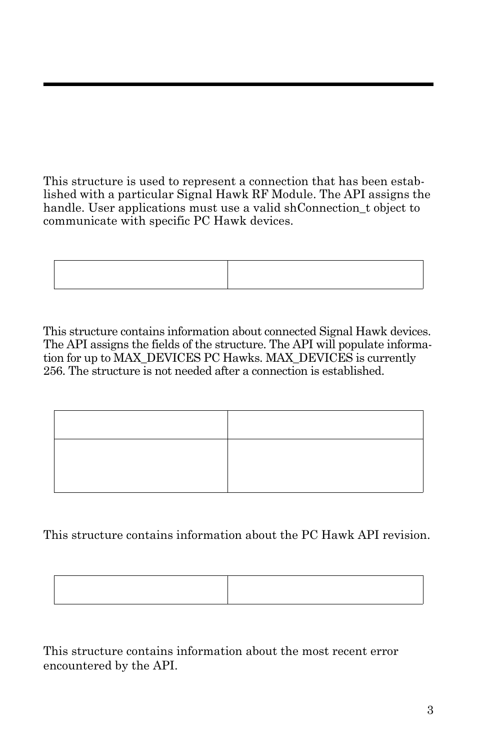 Chapter 2 reference, General types, Shconnection_t structure | Shdevices_t structure, Shdllproperties_t structure, Sherrordata structure, Shconnection_t structure members, Shdevices_t structure members, Shdllproperties_t structure members | Bird Technologies SignalHawk User Manual | Page 15 / 38