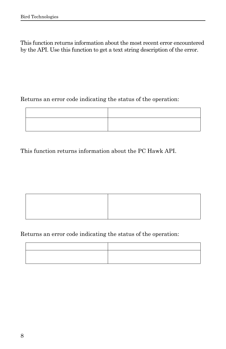 Shgetlasterror, Shgetdllproperties, Arguments returns | Bird Technologies SignalHawk User Manual | Page 20 / 38