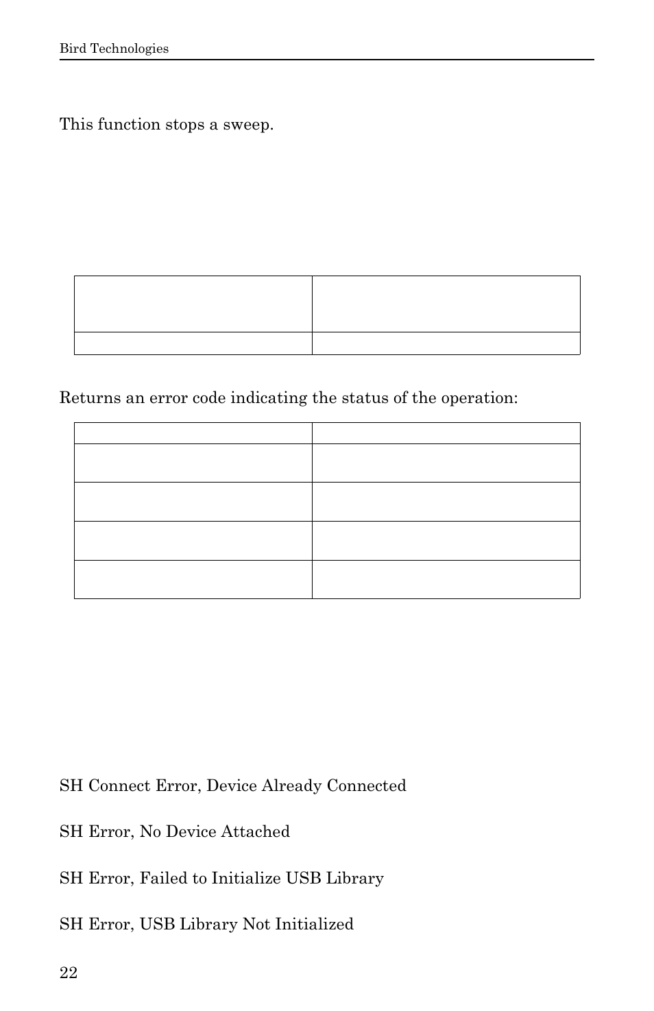 Shsastop, Error codes, Communication errors | Arguments returns remarks | Bird Technologies SignalHawk User Manual | Page 34 / 38
