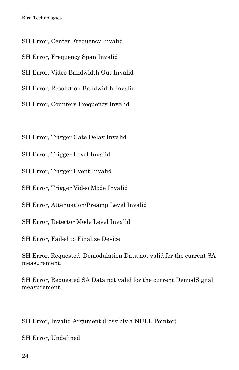 Control parameter errors, Other errors, Control parameter errors other errors | Bird Technologies SignalHawk User Manual | Page 36 / 38