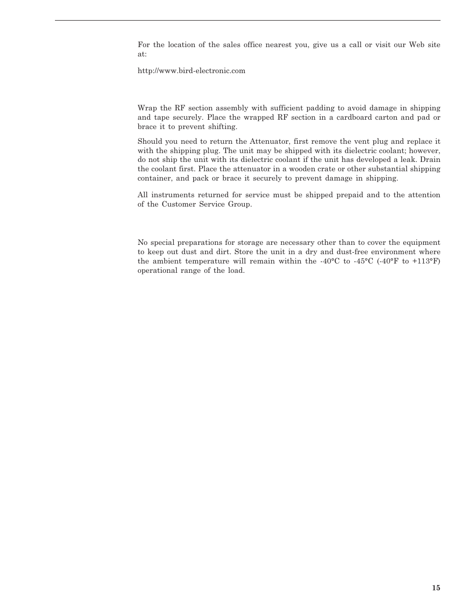 Shipment, Storage | Bird Technologies 8327-300 User Manual | Page 25 / 27