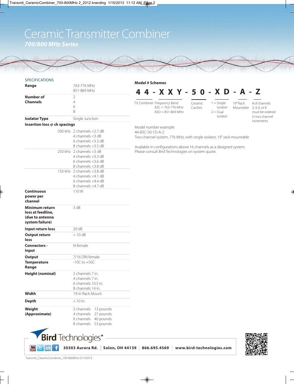 Ceramic transmitter combiner, 4 4 - x x y - 5 0 - x d - a - z | Bird Technologies 44-83X-50-XD-A-Z Series User Manual | Page 2 / 2