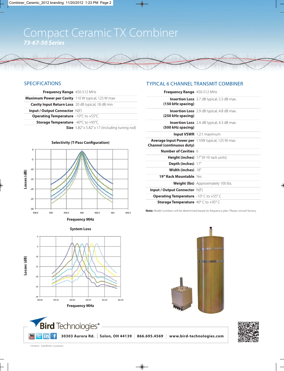 Compact ceramic tx combiner, 67-50 series | Bird Technologies 73-67-50 Series User Manual | Page 2 / 2