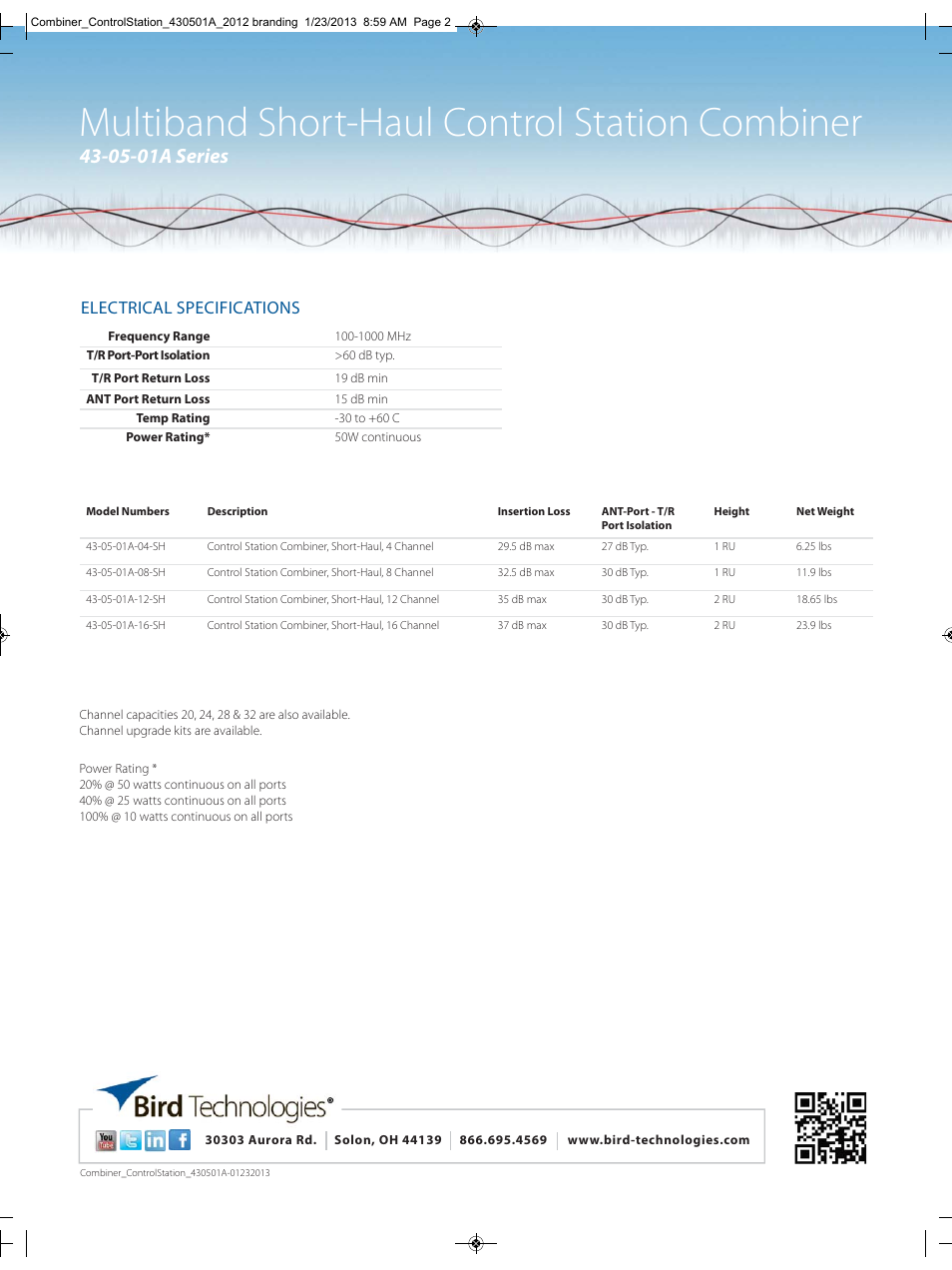 Multiband short-haul control station combiner, 05-01a series, Electrical specifications | Bird Technologies 43-05-01A Series User Manual | Page 2 / 2