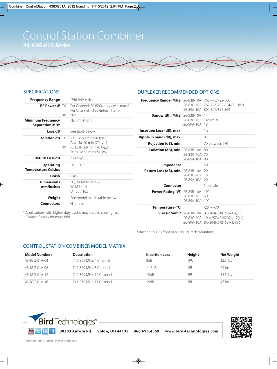 Control station combiner, 83g-01a series, Specifications | Duplexer recommended options, Control station combiner model matrix | Bird Technologies 43-83G-01A Series User Manual | Page 2 / 2