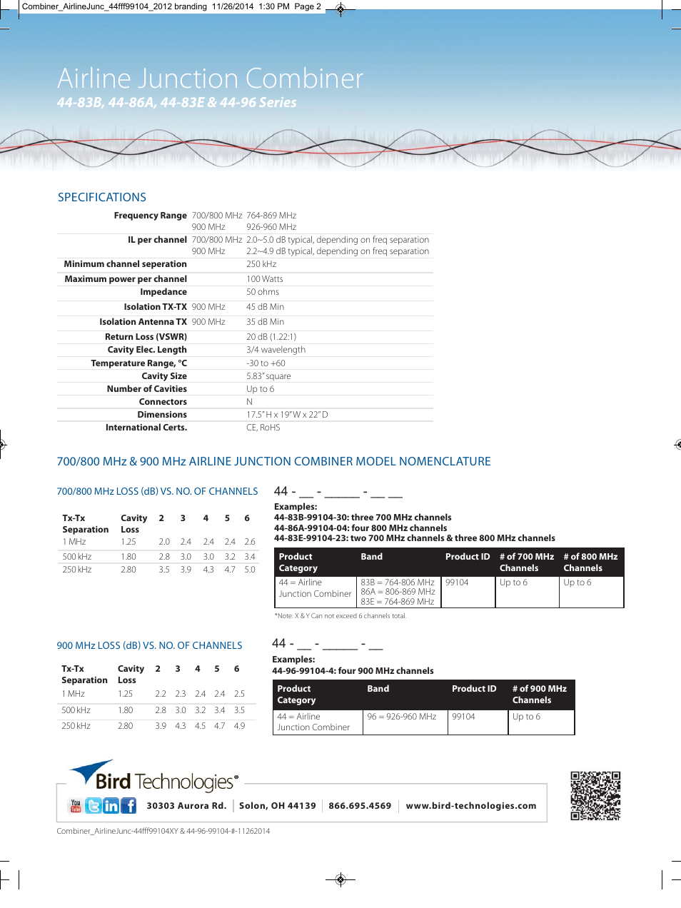 Airline junction combiner, Specifications | Bird Technologies 4-FFF-99104-XY Series User Manual | Page 2 / 2