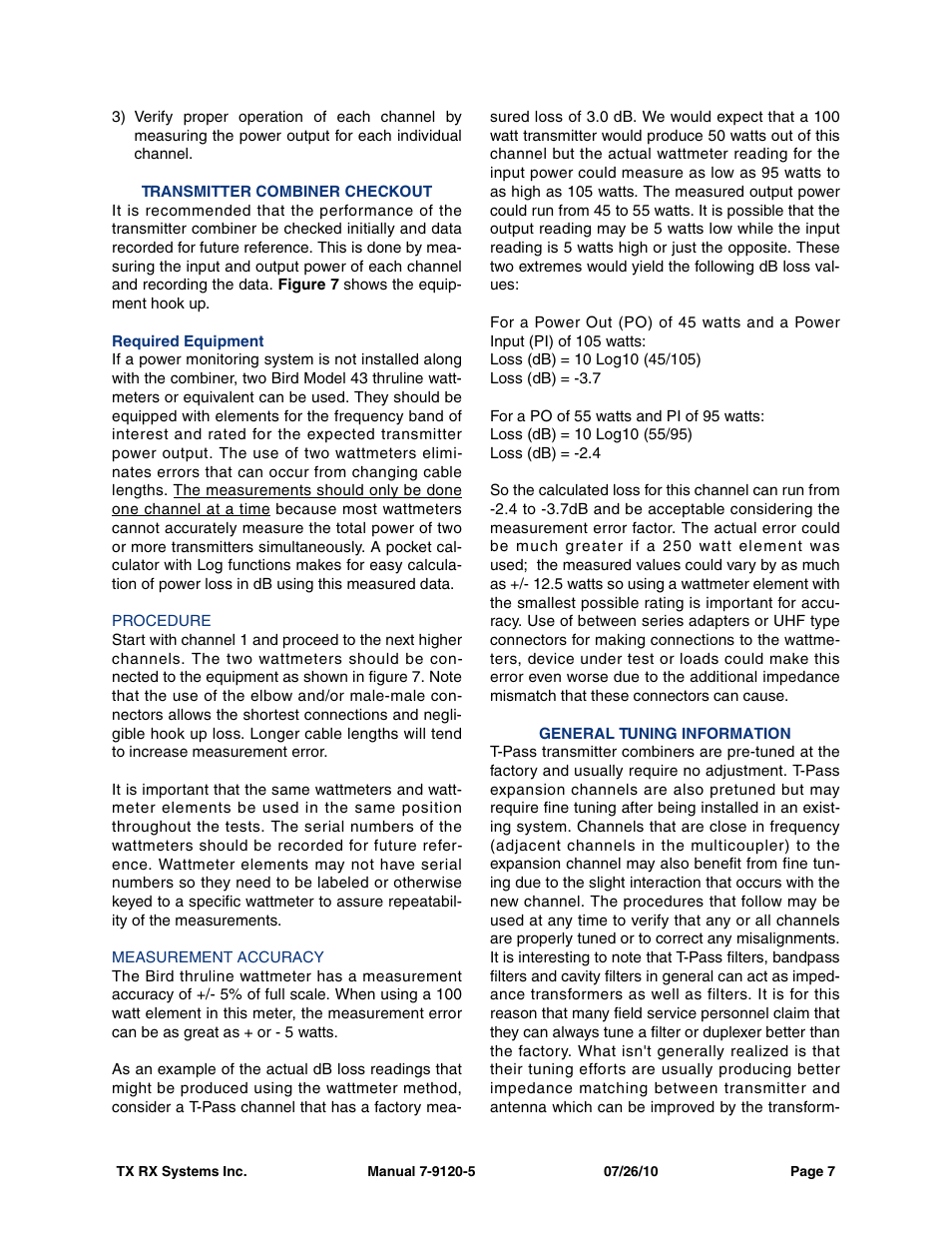 Transmitter combiner checkout, Required equipment, Procedure | Measurement accuracy, General tuning information | Bird Technologies 73-67-25 Series User Manual | Page 13 / 32