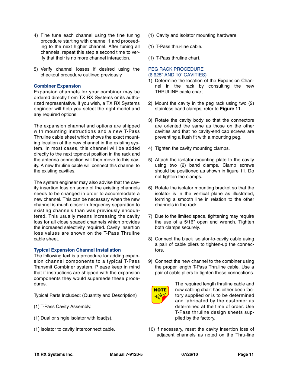 Combiner expansion, Typical expansion channel installation, Peg rack procedure | 625” and 10” cavities) | Bird Technologies 73-67-25 Series User Manual | Page 17 / 32