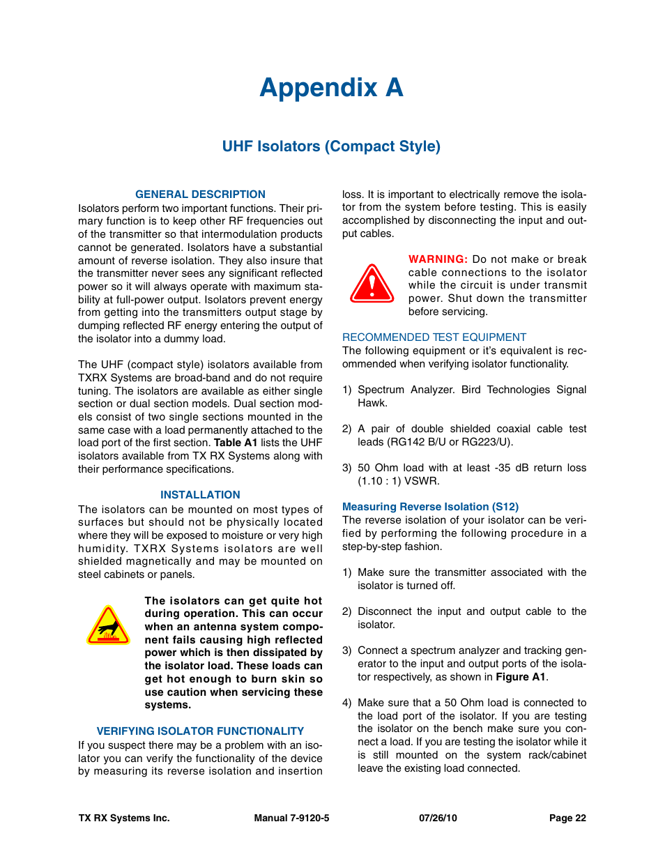 General description, Installation, Verifying isolator functionality | Recommended test equipment, Measuring reverse isolation (s12), Appendix a, Uhf isolators (compact style) | Bird Technologies 73-67-25 Series User Manual | Page 28 / 32