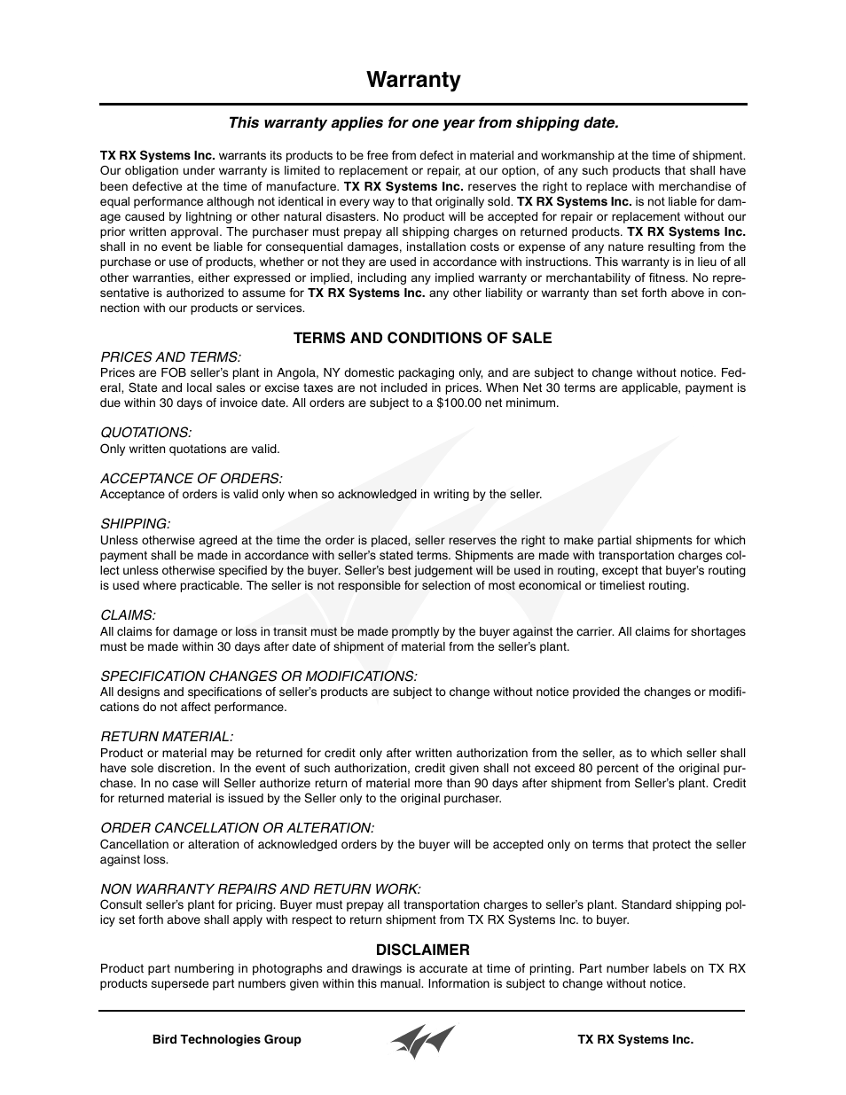 Warranty | Bird Technologies 21-83C-11-xx-T Series User Manual | Page 2 / 12