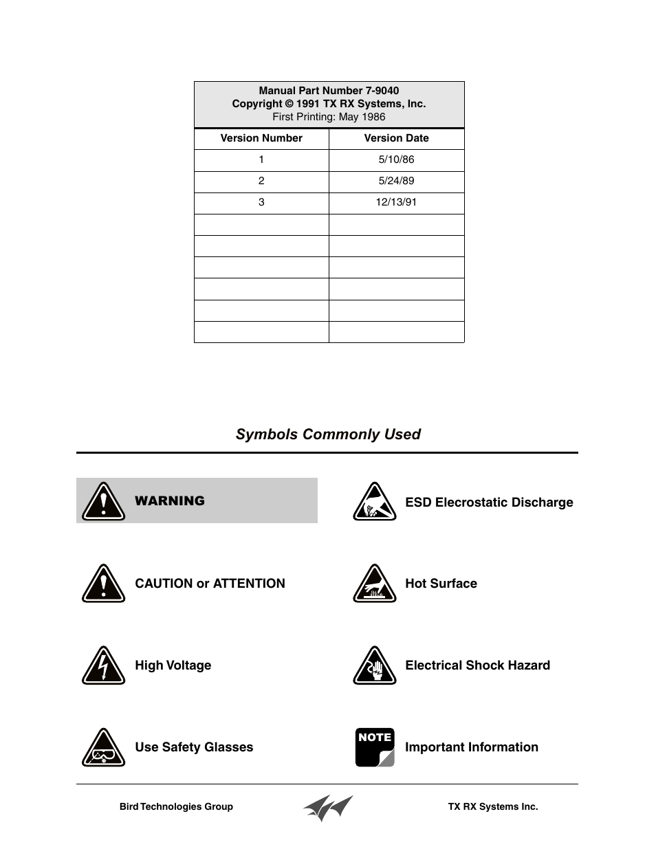 Manual part number 7-9040, Copyright © 1991 tx rx systems, inc, First printing: may 1986 | Version number, Version date, Symbols commonly used | Bird Technologies 21-83C-11-xx-T Series User Manual | Page 3 / 12