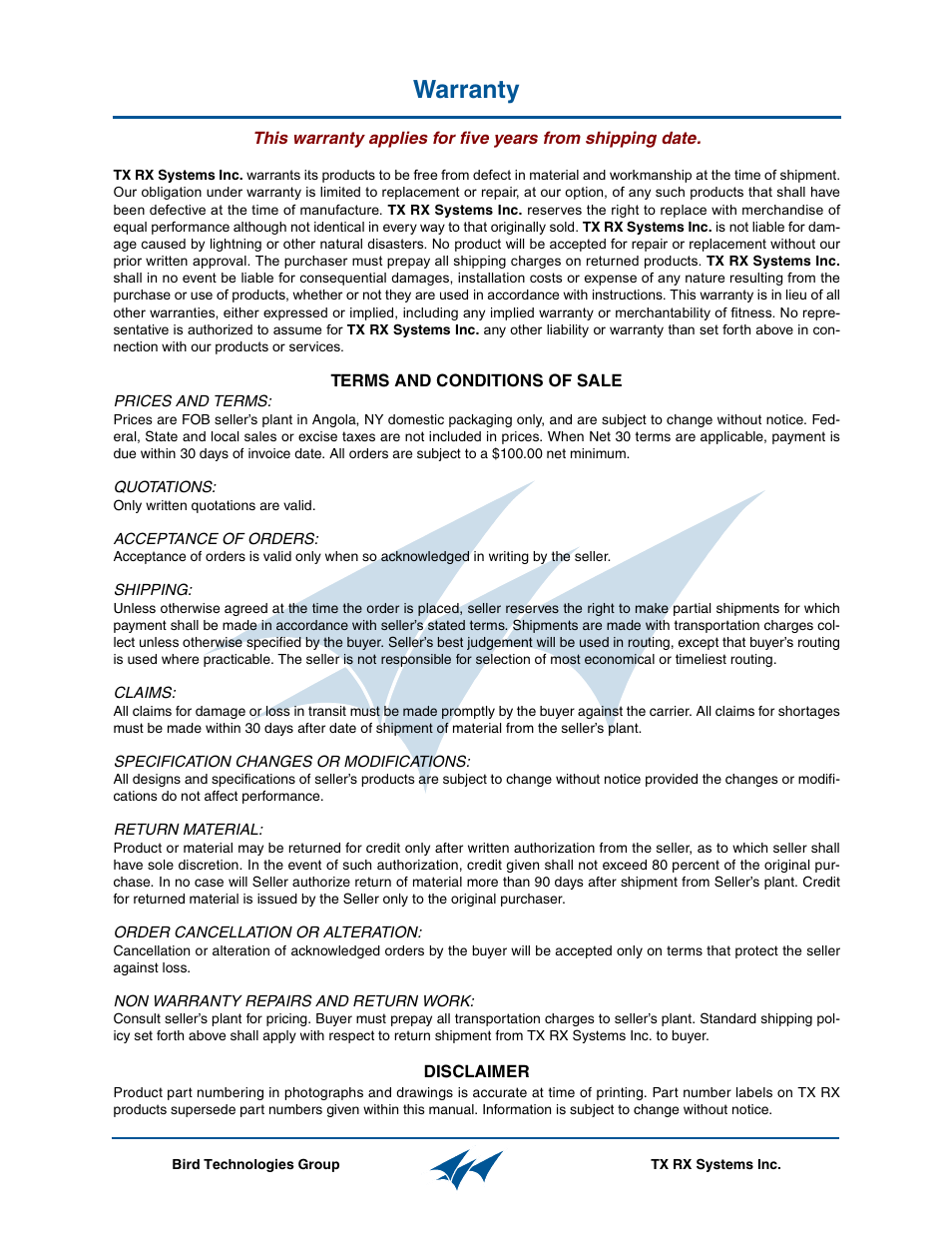 Warranty | Bird Technologies 21-87A-11-xx-T Series-Manual User Manual | Page 2 / 36