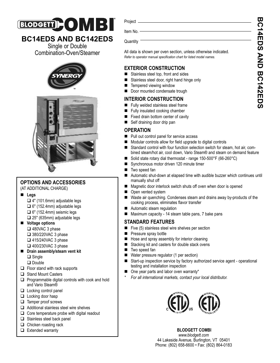 Blodgett COMBI BC14EDS User Manual | 2 pages