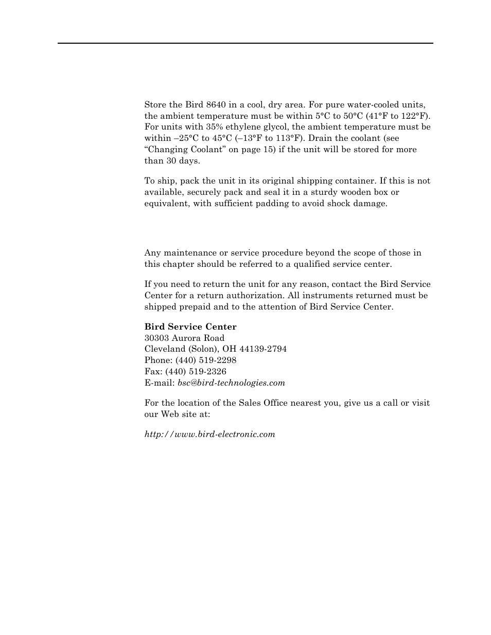 Preparation for storage or shipment, Customer service | Bird Technologies 8640B Series User Manual | Page 38 / 44