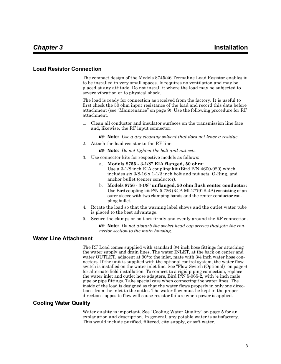 Chapter 3 installation, Load resistor connection, Water line attachment | Cooling water quality | Bird Technologies 8750 Series User Manual | Page 15 / 32