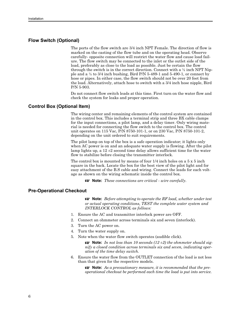 Flow switch (optional), Control box (optional item), Pre-operational checkout | Bird Technologies 8750 Series User Manual | Page 16 / 32