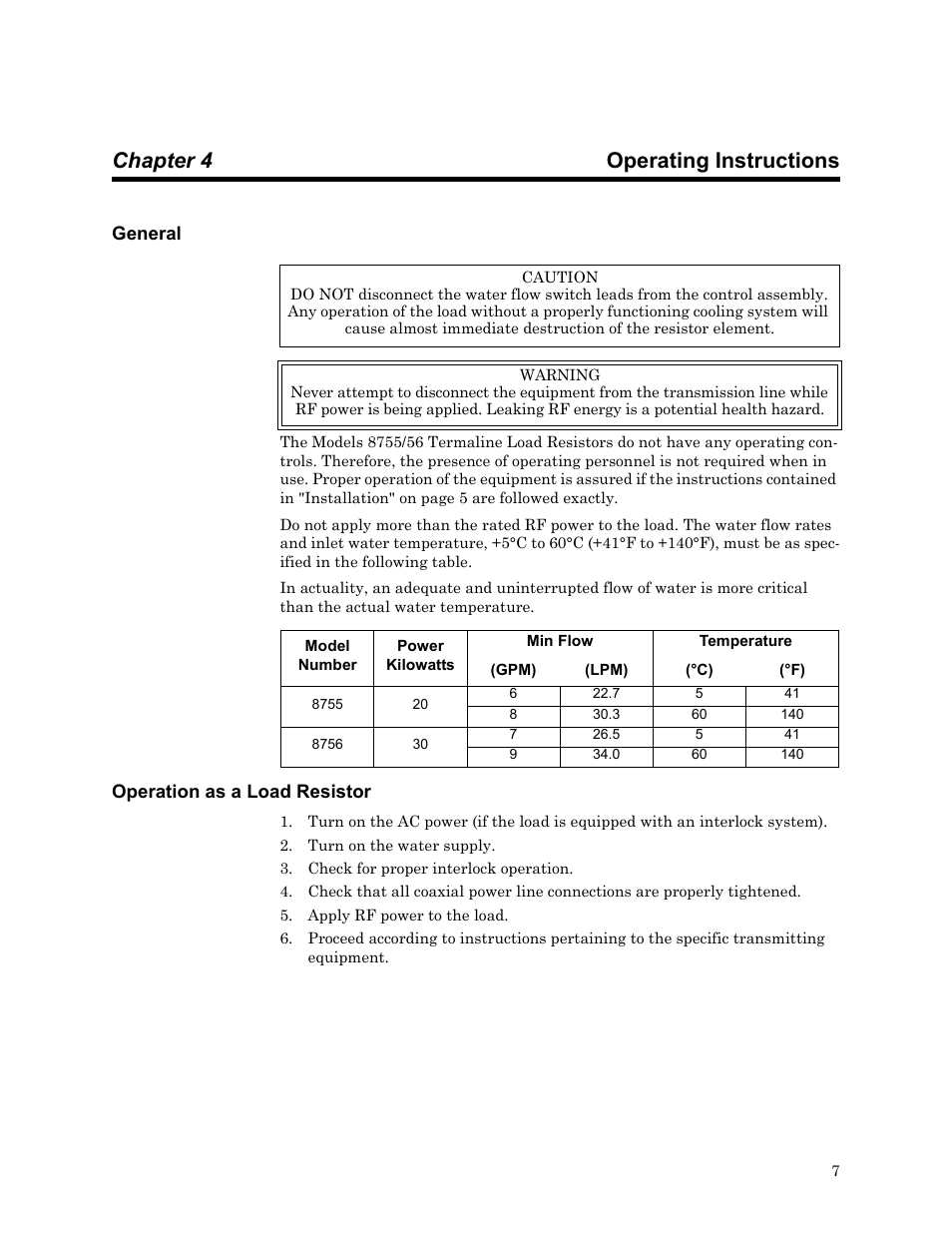 Chapter 4 operating instructions, General, Operation as a load resistor | General operation as a load resistor | Bird Technologies 8750 Series User Manual | Page 17 / 32