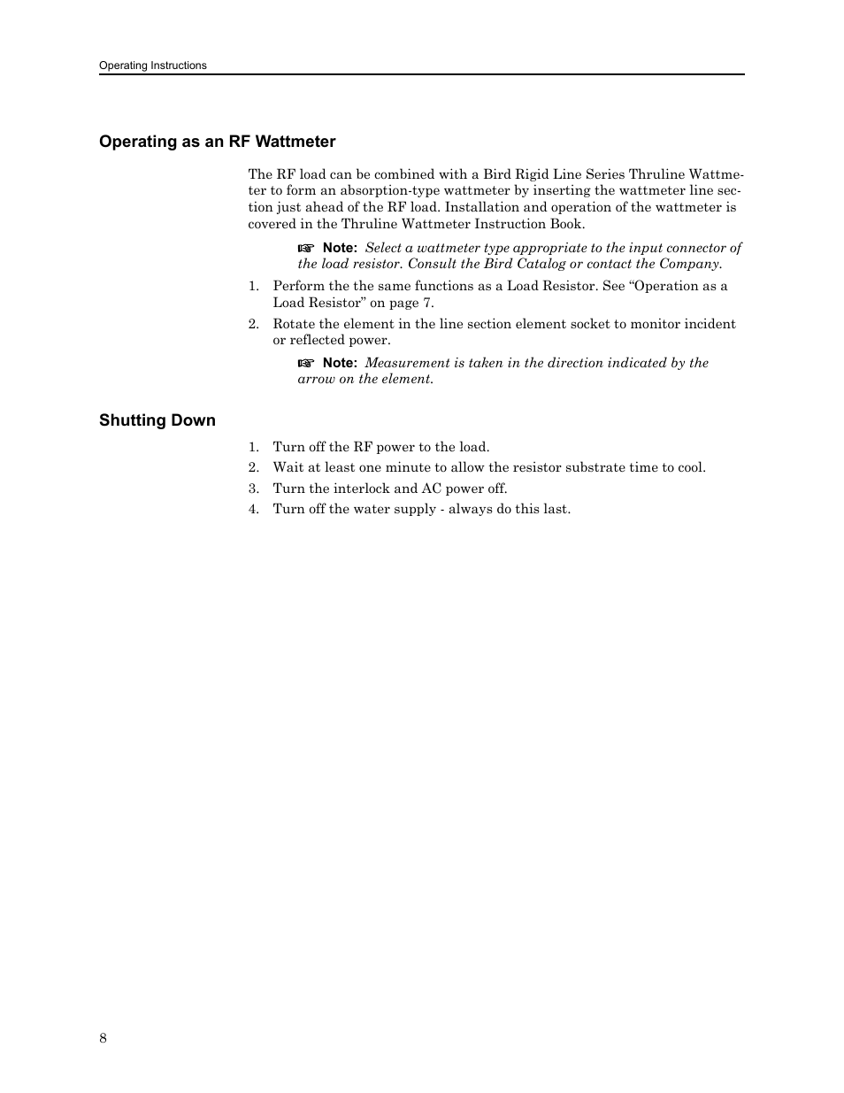 Operating as an rf wattmeter, Shutting down, Operating as an rf wattmeter shutting down | Bird Technologies 8750 Series User Manual | Page 18 / 32