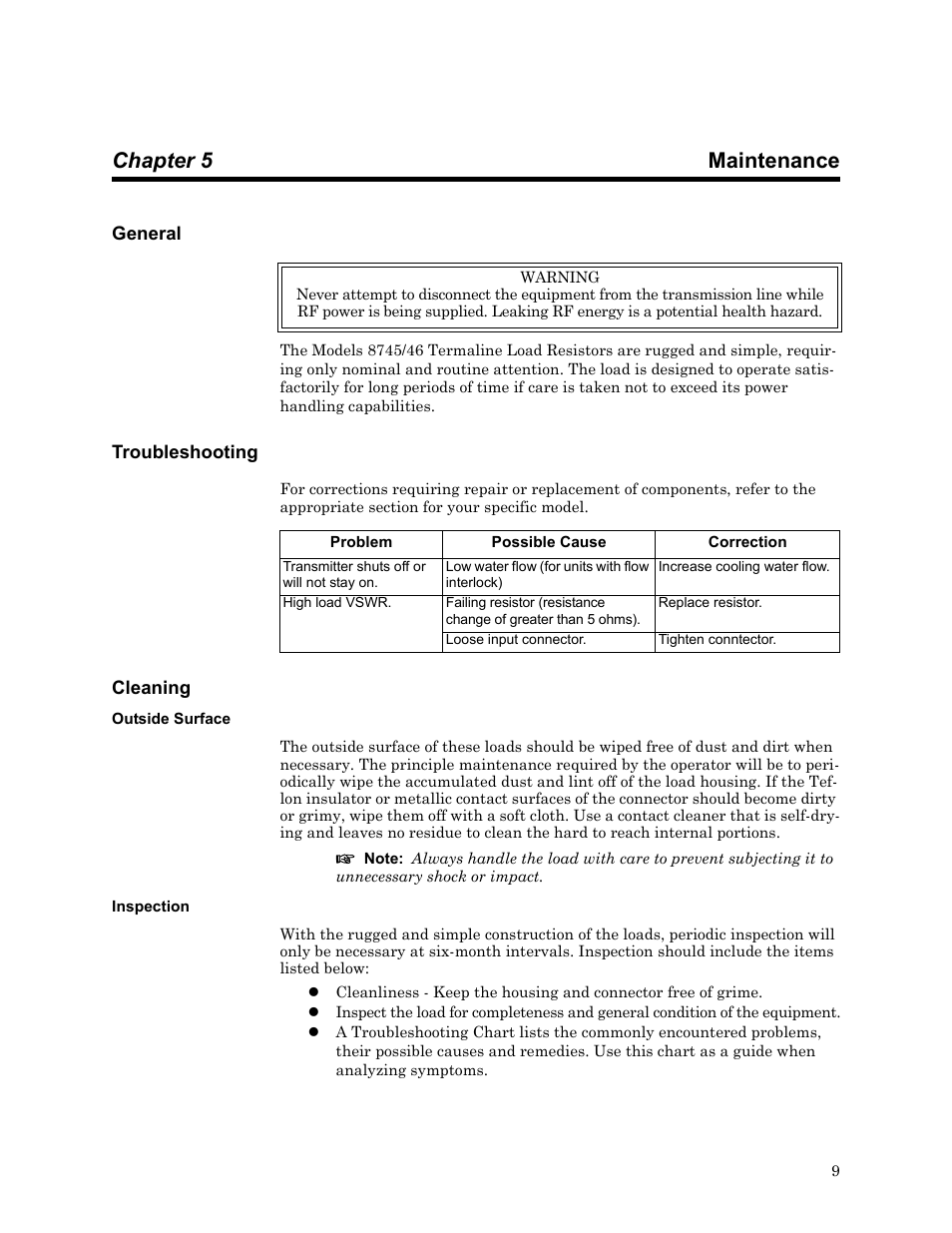 Chapter 5 maintenance, General, Troubleshooting | Cleaning, Outside surface, Inspection, General troubleshooting cleaning, Outside surface inspection | Bird Technologies 8750 Series User Manual | Page 19 / 32