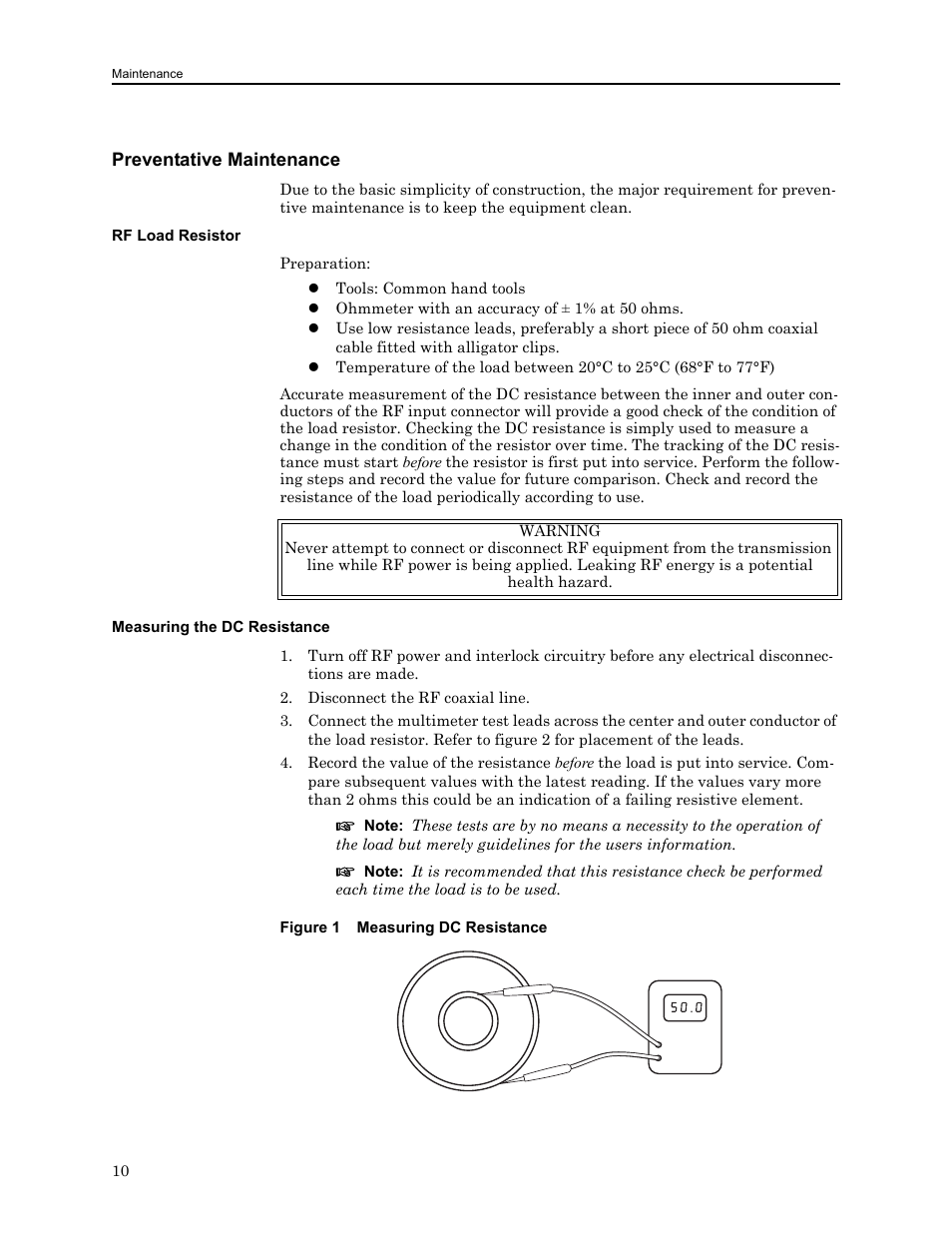 Preventative maintenance, Rf load resistor, Measuring the dc resistance | Figure 1 measuring dc resistance, Rf load resistor measuring the dc resistance | Bird Technologies 8750 Series User Manual | Page 20 / 32