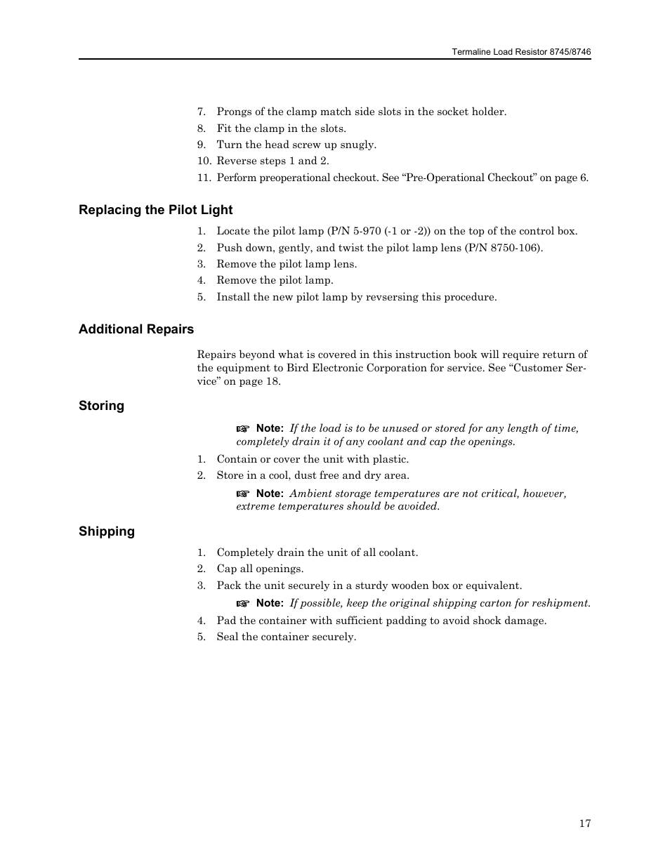 Replacing the pilot light, Additional repairs, Storing | Shipping, Additional repairs storing shipping | Bird Technologies 8750 Series User Manual | Page 27 / 32