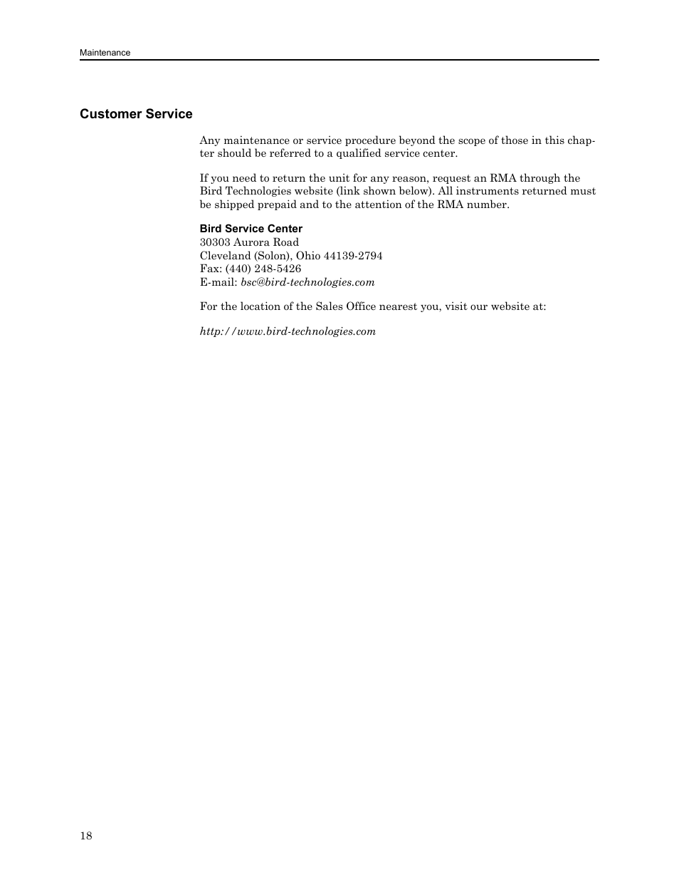 Customer service | Bird Technologies 8750 Series User Manual | Page 28 / 32