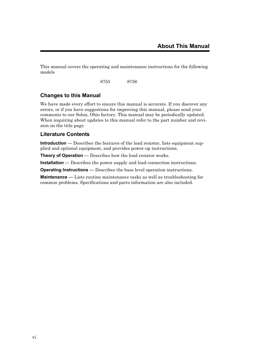 About this manual, Changes to this manual, Literature contents | Bird Technologies 8750 Series User Manual | Page 8 / 32