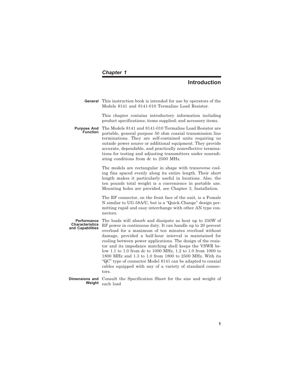 Safety pre cau tions i, Gen eral 1, Pur pose and func tion 1 | Di men sions and weight 1, General, Purpose and function, Performance characteristics and capabilities, Dimensions and weight, Introduction | Bird Technologies 8141 User Manual | Page 11 / 26