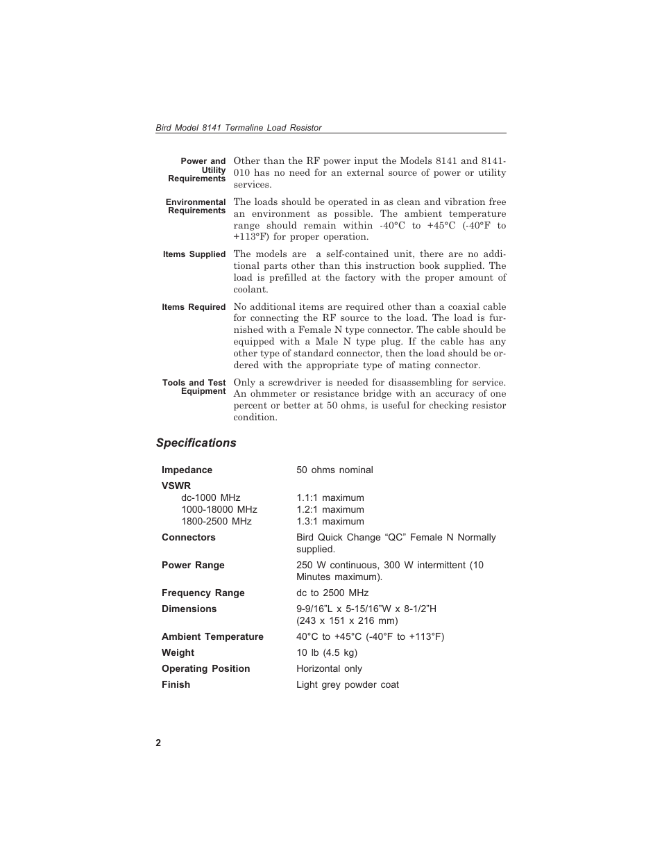 Power and util ity re quire ments 2, En vi ron men tal re quire ments 2, Items sup plied 2 | Items re quired 2, Tools and test equip ment 2, Power and utility requirements, Environmental requirements, Items supplied, Items required, Tools and test equipment | Bird Technologies 8141 User Manual | Page 12 / 26