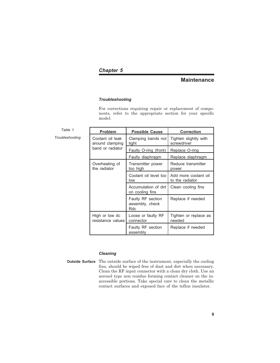 Main te nance 9, Trou ble shoot ing 9, Clean ing 9 | Out side sur face 9, Maintenance, Troubleshooting, Cleaning, Outside surface | Bird Technologies 8141 User Manual | Page 19 / 26
