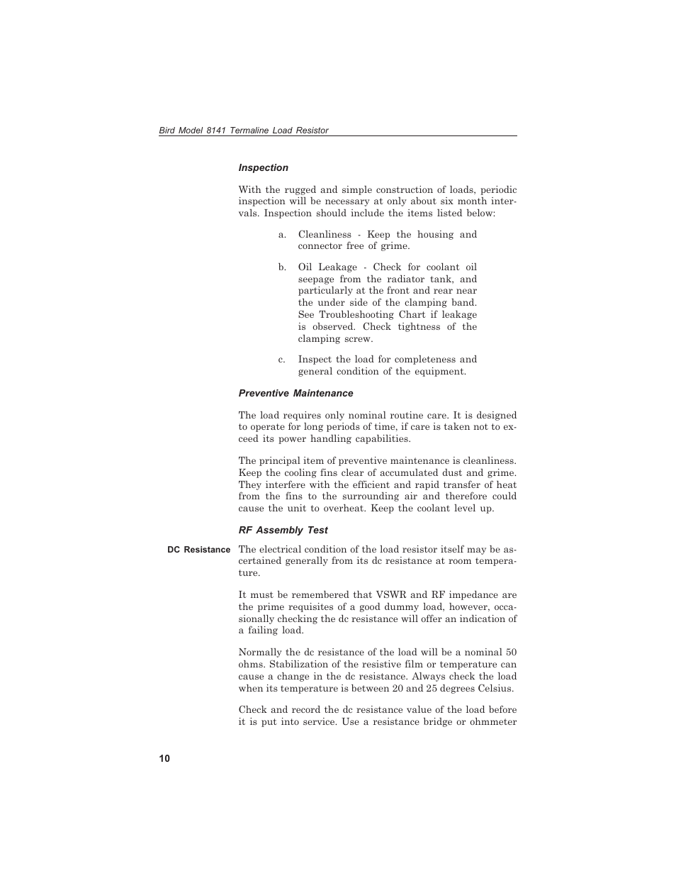 In spec tion 10, Pre ven tive main te nance 10, Rf as sem bly test 10 | Dc re sis tance 10, Inspection, Preventive maintenance, Rf assembly test, Dc resistance | Bird Technologies 8141 User Manual | Page 20 / 26