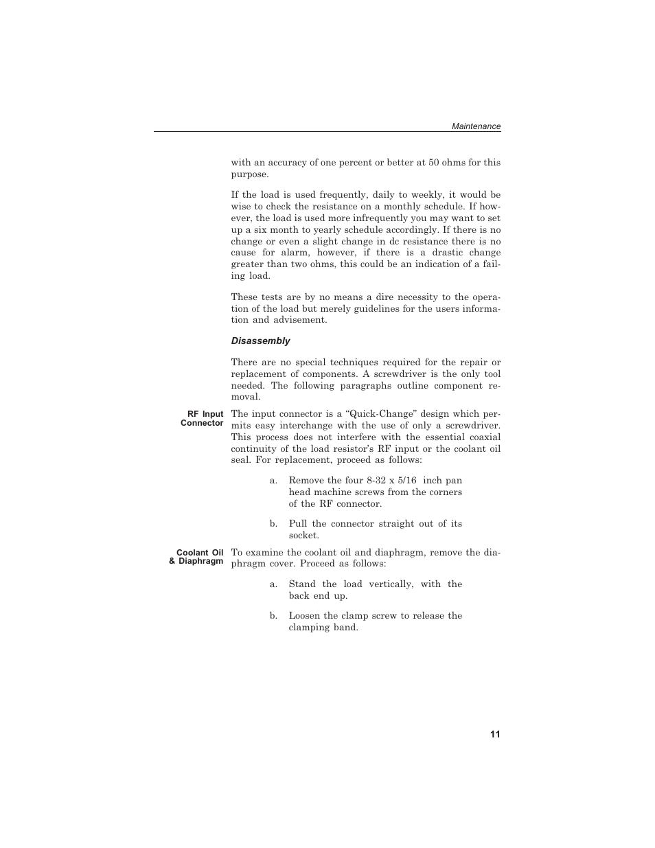 Dis as sem bly 11, Rf in put con nec tor 11, Cool ant oil & dia phragm 11 | Disassembly, Rf input connector, Coolant oil & diaphragm | Bird Technologies 8141 User Manual | Page 21 / 26