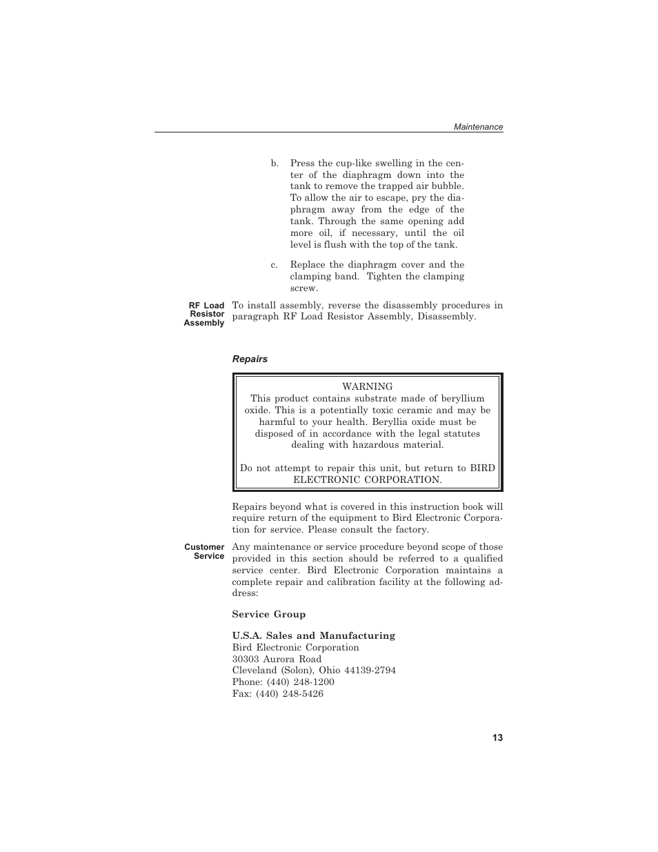 Rf load re sis tor as sem bly 13, Re pairs 13, Cus tomer serv ice 13 | Rf load resistor assembly, Repairs, Customer service | Bird Technologies 8141 User Manual | Page 23 / 26