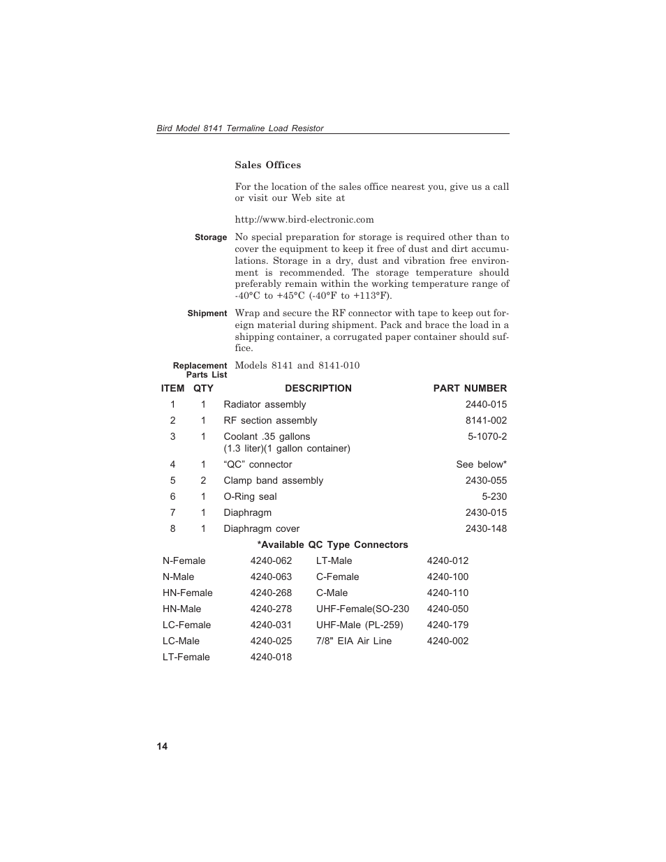 Stor age 14, Ship ment 14, Re place ment parts list 14 | Storage, Shipment, Replacement parts list | Bird Technologies 8141 User Manual | Page 24 / 26