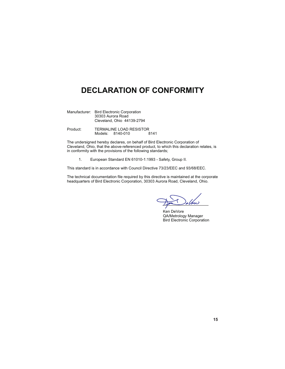 Declaration of conformity | Bird Technologies 8141 User Manual | Page 25 / 26