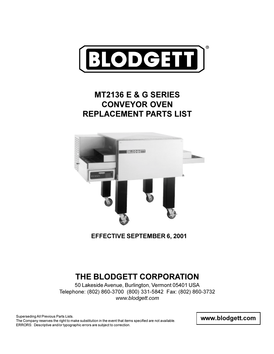 Blodgett MT2136 G User Manual | 8 pages
