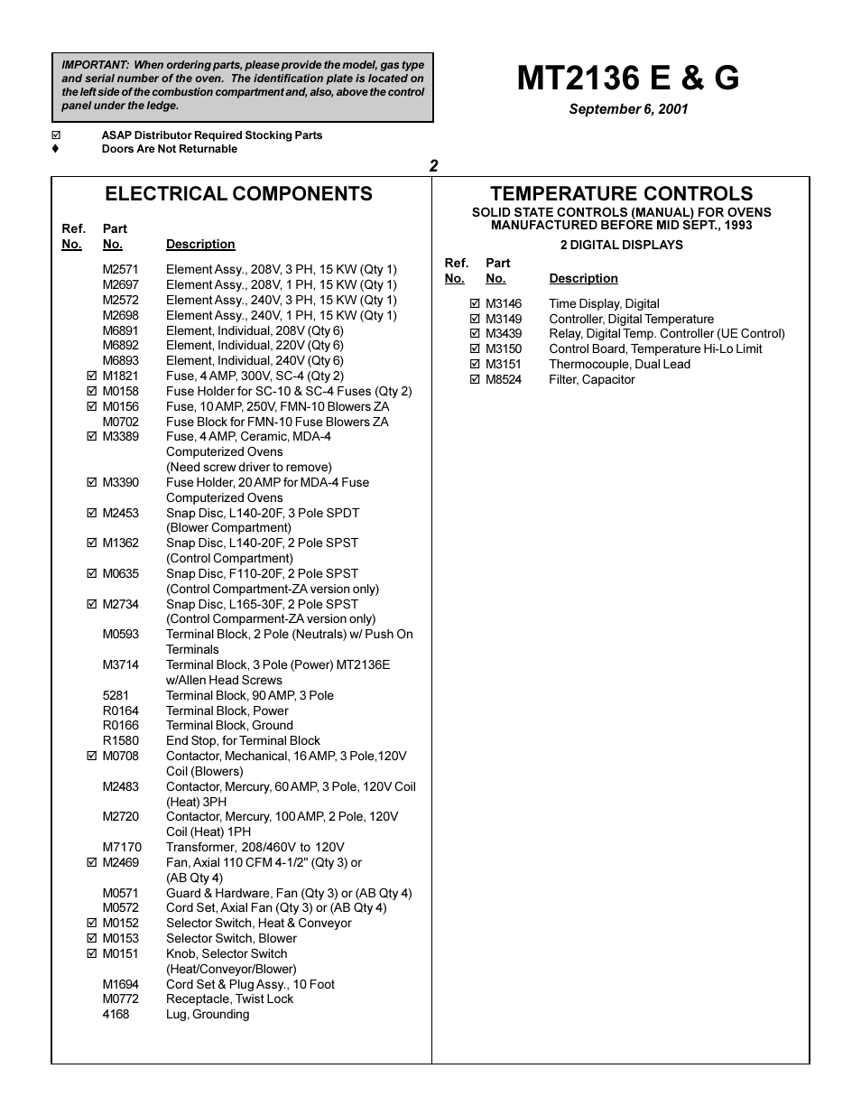 Mt2136 e & g, Temperature controls, Electrical components | Blodgett MT2136 G User Manual | Page 2 / 8