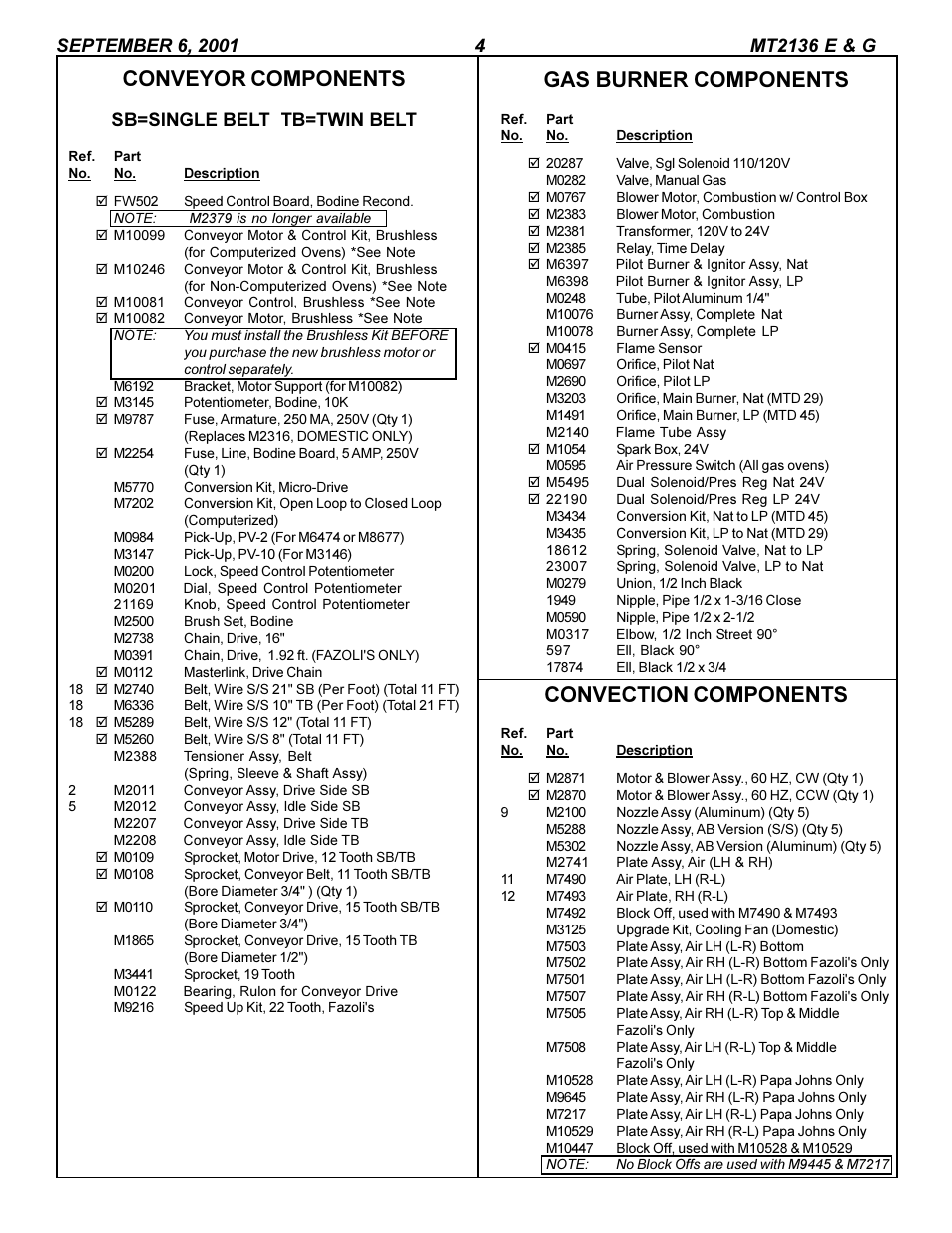 Gas burner components, Convection components, Conveyor components | Sb=single belt tb=twin belt | Blodgett MT2136 G User Manual | Page 4 / 8