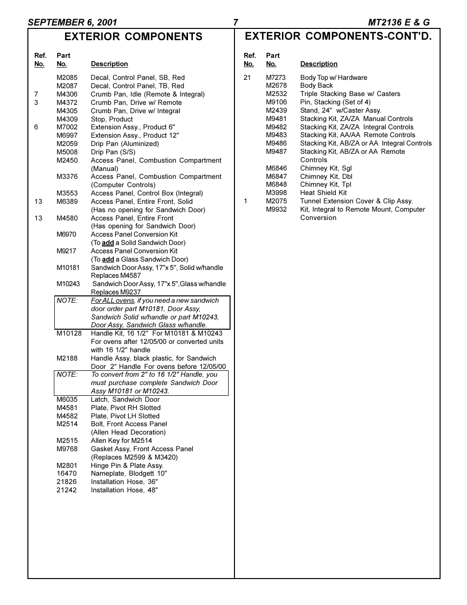 Exterior components, Exterior components-cont'd | Blodgett MT2136 G User Manual | Page 7 / 8